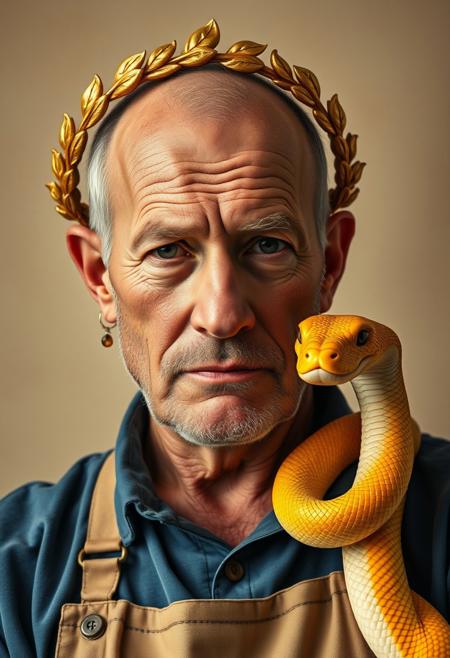 A hi-res, highly detailed, photographic composition. A middle-aged man with a rugged, weathered face, detailed wrinkles, freckles, and skin texture. His hair is styled with two small buns on the sides, leaving the top bald and shiny. He wears a casual blue shirt and a worn beige apron, hinting at his labor background. A single earring dangles from his ear. On his head, he wears a grand Roman-style golden laurel wreath, its intricately crafted leaves gleaming softly, adding an imperial yet playful touch to his modest appearance.
To the right, a yellow snake.The snake also wears a regal golden laurel wreath, carefully detailed to fit its head, blending whimsy with grandeur. The snake's calm, curious gaze is positioned close to the man, creating a surreal yet harmonious balance.
The background is a soft beige with a lightly distressed texture, enhancing the vintage aesthetic. Soft, warm lighting highlights the golden laurel wreaths, the man’s rugged features, and the snake’s pristine scales adding a touch of majesty and humor to the scene.