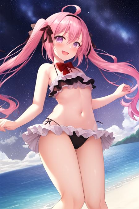 masterpiece, best quality, highres, solo, {night:1.10}, {starry sky:1.10}, beach, beautiful detailed sky, {extremely detailed background:1.20}, {saratoga_azurlane:1.10}, {standing:1.10}, looking at viewer, {bikini:1.30}, pink_hair, purple_eyes, ahoge, blush, ribbon, twintails, smile, bangs, long_hair, bow, hairband, breasts, hair_ribbon, open_mouth, hair_between_eyes, small_breasts, light smile