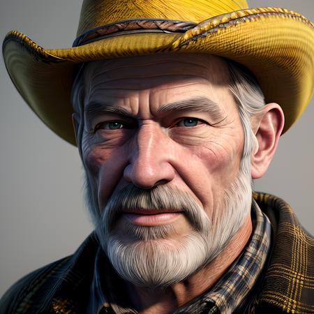 complex 3d render ultra detailed of a cowboy face, bowler cap|, yellow scarf, farmer, beautiful studio soft light, rim light, vibrant details, cotton|flannel shirt, hyper realistic, anatomical, facial muscles, 88 years old, scruffy long gray beard, black background, octane render, Wild West ,<lora:more_details:0.4>