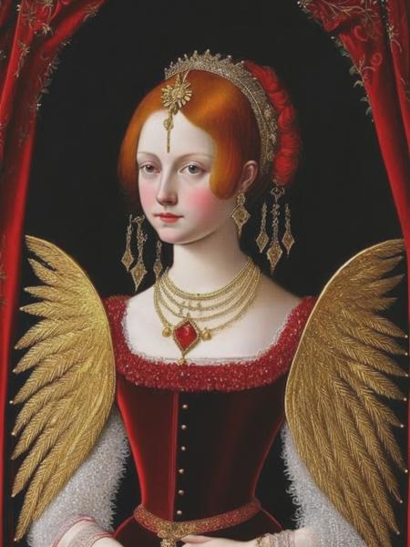 <lyco:LucasCranach:1.0> A young girl with golden wings in a red velvet dress with golden embroidery, beads, expensive lace, with red hair, jewelry from the 15th century in her hair, a dark background with trees and castles, the style of Lucas Cranach the Younger, medieval style