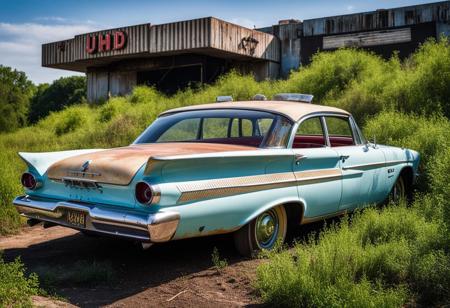 (high res photography, UHD,8k), funny bizarre weird 1960 Plymouth Belvedere, design concept style, two-tone paintjob, background abandoned overgrown Art Deco cinema,