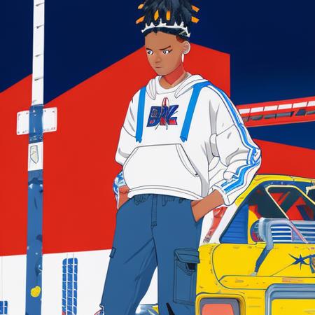 evang, A Black man with box braids, wrinkled white T-shirt, baggie, blue jeans, and a zip up sweatshirt, vector art by Yusuke Murata