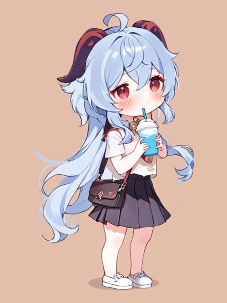 <lora:ganyu:1>,1girl,solo,ganyu_\(genshin_impact\),skirt,blue_hair,horns,long_hair,drinking_straw,bangs,ahoge,chibi,white_footwear,bell,hair_between_eyes,black_skirt,holding,pleated_skirt,red_eyes,cup,white_shirt,shirt,standing,full_body,very_long_hair,drinking,short_sleeves,holding_cup,bag,disposable_cup,blush,brown_background,bow,shoulder_bag,shoes,