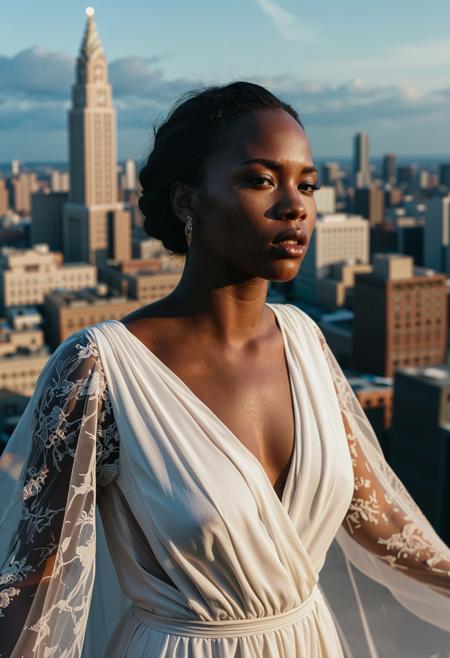 analogue portrait photo clear focus, high resolution image, of a beautiful 25 years old African woman,, Perched atop a towering, crumbling skyscraper, a strikingly beautiful girl, draped in a torn and wind-whipped gown, faced a relentless tempest. Her hair billowed wildly as she gazed into the abyss below. The city's decaying skyline mirrored her tattered attire, and the howling winds whispered secrets of her eerie connection to the haunting heights., ,,high quality, film grain, Fujifilm XT3, 8k uhd, dslr, film grain, kodak tri-x 400 film, grain photo DOF, faint lighting, dynamic angle, cinematic, Depth of field, bokeh, best quality, cinematic, light particles, highly_detailed, very_aesthetic, golden hour, beautiful_and_aesthetic ,Sexy pose, erotic pose, exhibitionism ,Cliffside monastery