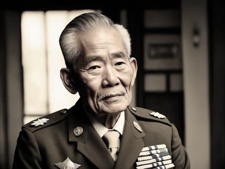 asian, <lora:houseman:0.85>,A Japanese veteran, depicted as an elderly man with a dignified and solemn expression, wearing a military uniform or medals that reflect his service. The image is treated with a vintage filter, giving it a sepia or black-and-white tone, reminiscent of historical photographs. The background may include traditional Japanese elements or symbols of military service. The scene should be as realistic as a high-resolution photograph from a bygone era, with lighting that complements the vintage effect, highlighting the character's wisdom and experience, (masterpiece:1. 0), (best quality:1. 4), (ultra highres:1. 2), (intricate details:1.3), (soft focus:1. 4), (sharp focus:1. 4),Raw photo,1man,