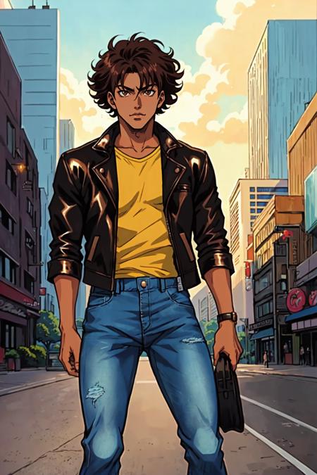 1boy, male focus, solo, brown eyes, short hair, curly hair, fluffy hair, brown hair, pasifika, maori, polynesian, Aotearoa, tan skin, dark skinned male, leather jacket, denim pants, manga, illustrated, shonen jump style, outdoors, city view