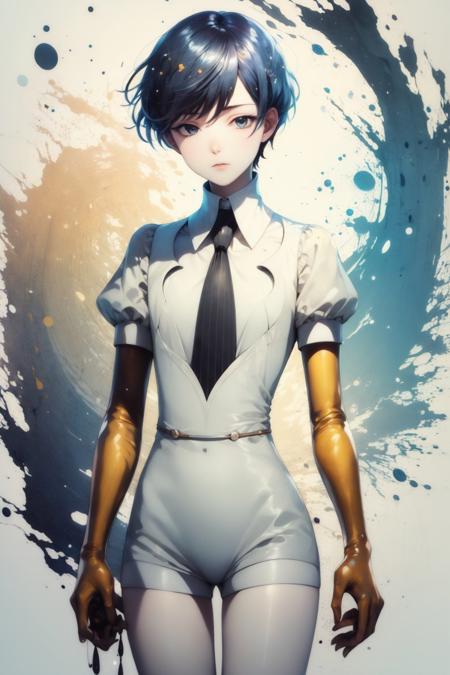 phosphophyllite \(ll\) golden arms crystal hair heterochromia blue eyes white eyes colored eyelashes gem uniform necktie puffy short sleeves shorts