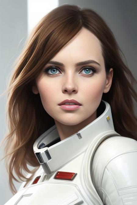 Picture, best quality, a woman wearing a spacesuit, spaceship interior, rectangular architecture, polished, chrome, portrait photo of beautiful woman Koh_FelicityJones, movie poster style, looking at viewer, perfect face, perfect eyes, sharp focus, trending on ArtStation, trending on CGSociety, Intricate, High Detail, dramatic, photorealistic painting art by midjourney and greg rutkowski