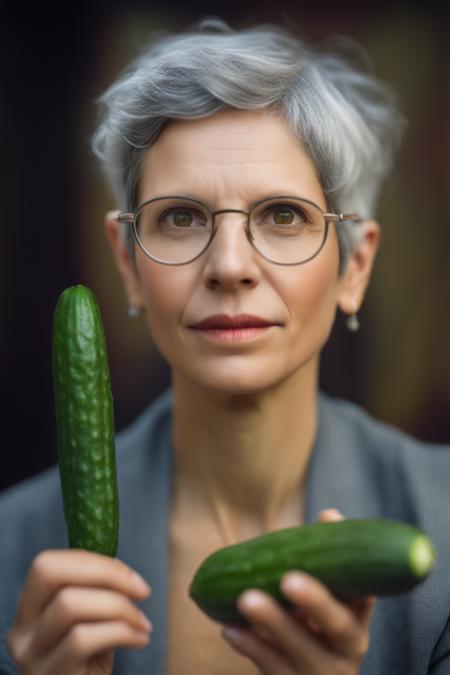 raw Photo, (woman Sardruiss123) short grey hair, glasses, looking at viewer, dynamic pose, smoking a cucumber, intricate detail, vibrant, sharp focus, smooth painting, ocprobocop, 