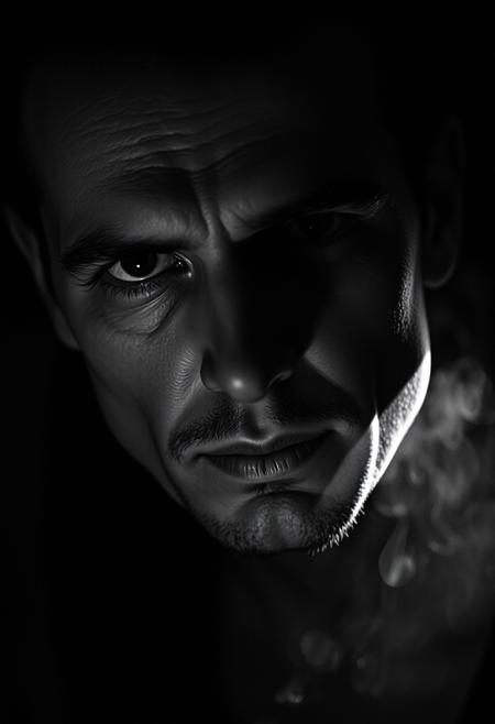 Capture a brooding, black-and-white portrait inspired by 1940s film noir. Use a Canon EOS R5 with a 50mm f/1.2 lens to achieve razor-sharp detail and shallow depth of field. Illuminate the subject with Rembrandt lighting: position a single tungsten spotlight at 45 degrees, casting dramatic shadows across one side of the face. Set aperture to f/2.8 for subtle background blur, ISO 100 for minimal grain, and shutter speed 1/125s. Enhance texture with chiaroscuro contrasts—highlight weathered skin pores and a smoke-filled atmosphere. Post-process with silver toning and subtle film grain for authenticity.