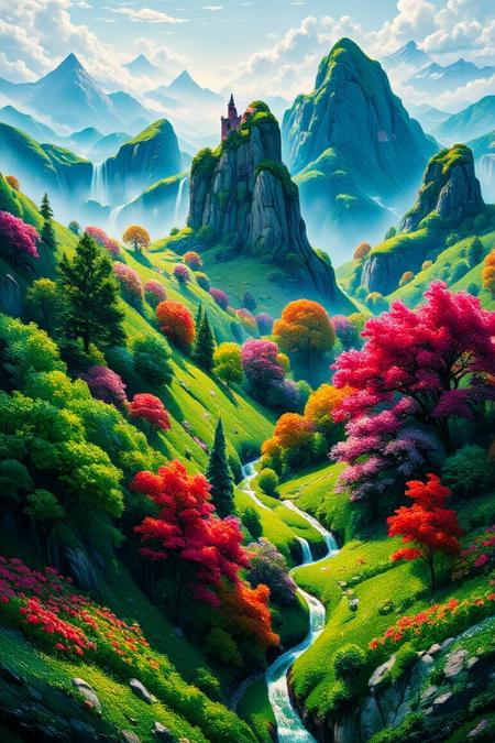The gorgeous oil painting designed by AI show a palace-level design sense and are pleasing to the eye. The design color is mainly green red purple like spring landscape with early morning sunlight. Midjourney_Whisper