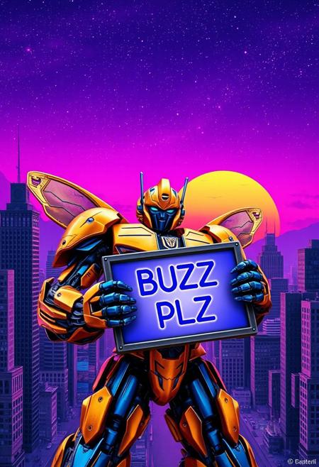 gold and blue Bumblebee transformer holding a sign that sys "BUZZ PLZ", photograph with a purple sky, cosmic stars, an orange and blue synthwave sun background. Slightly turned. Damascus steel. Ultra-detailed. Hyper-realistic. Metal city landscape