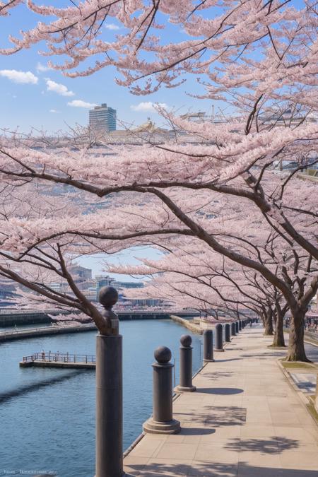 Yokohama waterfront during cherry blossom season, trees in full bloom, petals floating in the air, clear blue sky, soft lighting, peaceful ambiance, high-detail architecture in the distance, romantic and dreamy tone, photorealistic, ultra sharp and beautiful