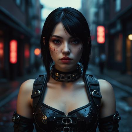  A photorealistic full-body vertical portrait of a fierce goth vampire samurai girl with pale skin and sharp, aggressive features, set in a dystopian Neo-Tokyo inspired by Blade Runner. She has intense goth makeup with heavy black eyeliner and dark eyeshadow, and a cold, defiant gaze. Her mengu mask is gothic and futuristic, with skull motifs, spiked edges, and glowing engravings in neon red and electric blue. Her samurai armor blends tribal and cyberpunk influences: black carbon fiber plates, crimson LED accents, turquoise circuitry, and angular, tech-enhanced design elements. She stands confidently in a rain-slick neon-lit alley, surrounded by holograms, mist, and glowing kanji signage. The atmosphere is dark, cinematic, grainy like 16mm film, and full of cyberpunk tension. No text or letters appear in the image.   The atmosphere is moody and cinematic, with soft bokeh, dramatic lighting, and a grainy 16mm film look. Highly detailed, rich in emo and goth influence, with no text or letters in the image.

Simulating Kodak Ektacolor Pro 160, with a custom white balance at 5500K. cinematic lighting, analog film, film grain, kodak chrome, cool cinematic tones,high contrast, sharp details, with moody lighting that adds depth,. (cinematic atmosphere:1.3), deep photo, depth of field, (black hair)), , (ambient occlusion), (cinematic lighting:1.3), (4K image quality:1.3), (sharp detail:1.3), (highly realistic:1.3), (dim warm cinematic lighting:1.3)
