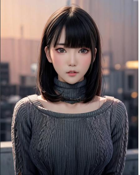 pureerosface_v1, best quality, photorealistic, 8k, high res, full color, 1girl, woman, 20 years old woman, (closed mouth:1.35), (skindentation), (portrait:0.6),  ((cityscape background:1.52)), full color, ((highnecksweater:1.68)), straight-looking at viewer:1.8, (1girl eyes looking at viewer:1.55), (medium-length hair, blackhair, partedbangs:1.45), (bokeh), <lora:CBAV-MOII:0.65>