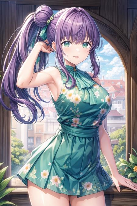 (masterpiece, best quality, ultra-detailed), (illustration), (beautiful detailed eyes), 1girl, solo,  otomune kozue, (cowboy shot:1.3), (purple hair:1.3), (side ponytail, side hair bun:1.5), green eyes, (long hair:1.5), <lora:KozueV2:0.55>, (mature face, parted lips, large hips, robust body, large breasts:1.2), BREAK (outdoors, greenary:1.1), BREAK (blue blouse, sleeveless, green miniskirt, flowers print:1.2), BREAK looking at viewer, smile, (better hands, perfect hands, five fingers), (standing), (arms support:1.3),  <lora:add_detail:0.7>,