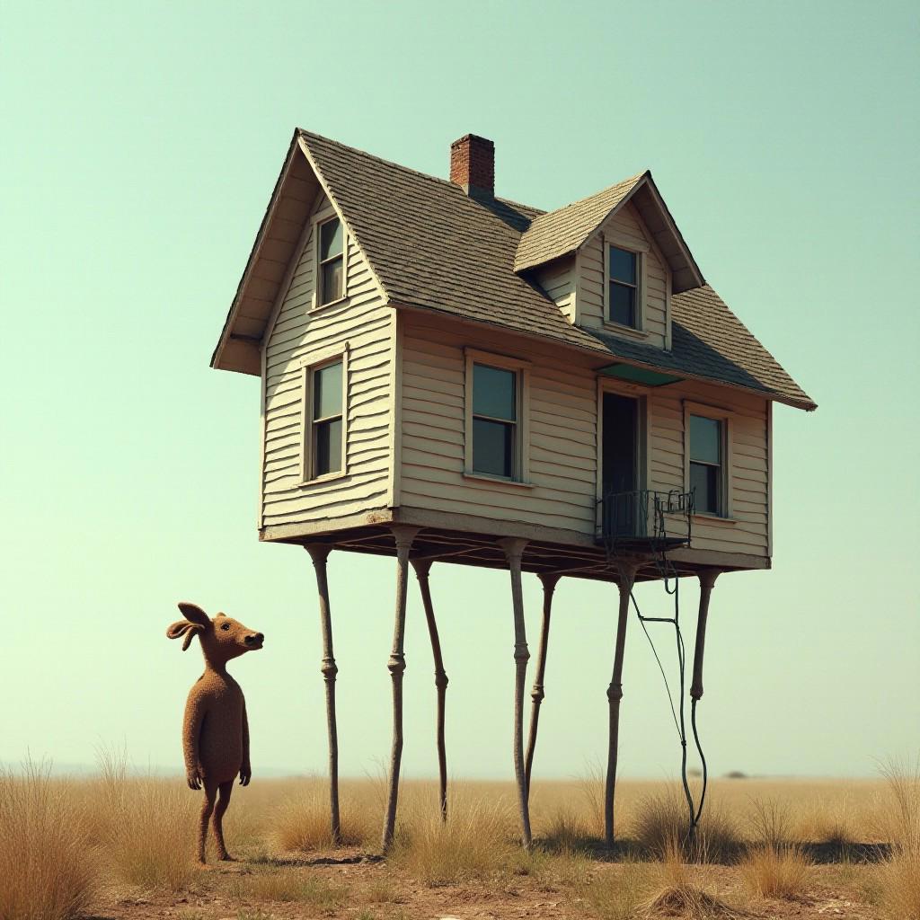 a house built on metal legs. The scene is infused with surreal and absurd anthropomorphic elements.