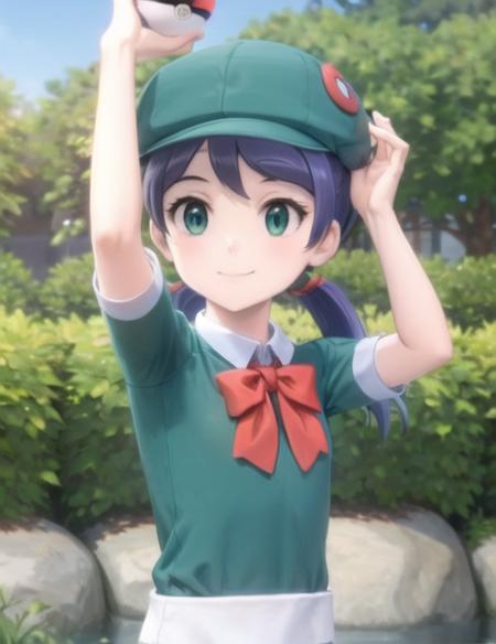 <lora:PicnickerDP:0.7> PicnickerDP, 1girl, solo, smile, shirt, hat, bow, holding, closed mouth, upper body, purple hair, short sleeves, outdoors, day, collared shirt, bowtie, arm up, red bow, tree, puffy short sleeves, red bowtie, poke ball, green headwear, green shirt, poke ball (basic), holding poke ball