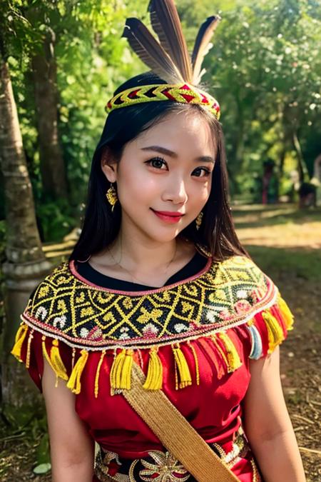 (((<lora:koreanDollLikeness:0.4>))), dayak,(RAW photo, best quality), (realistic, photo-realistic:1.3), masterpiece, an extremely delicate and beautiful, extremely detailed, CG, unity , 2k wallpaper, Amazing, finely detail, light smile, extremely detailed CG unity 8k wallpaper, huge filesize, ultra-detailed, highres, absurdres, soft light, (beautiful detailed sky, outdoor, jungle, wooden house) ((extremely detailed face, beautiful detailed girl, detailed fingers, extremely detailed eyes and face, beautiful detailed nose,)) light on face, solo, 1girl,(pureerosface_v1:0.6), black eyes, black hair, bangs,  closed_mouth, lips, long_hair, looking_at_viewer, (upper body),  realistic, (wearing_dayak_outfit:1.4), smile,  ((detailed pupils)), <lora:dayakoutfit:0.6>, <lora:dayaklora:0.3>