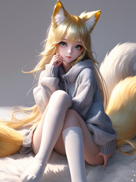 sfw,fox girl,big tail,fox ears,fox tail,kawaii,1girl,golden eyes,golden hair,beautiful,single tail,little girl,highly detailed,fluffy tail,knee high socks,pure white background,grey and white gradient sweatshirt
<lora:Dream:0.7>