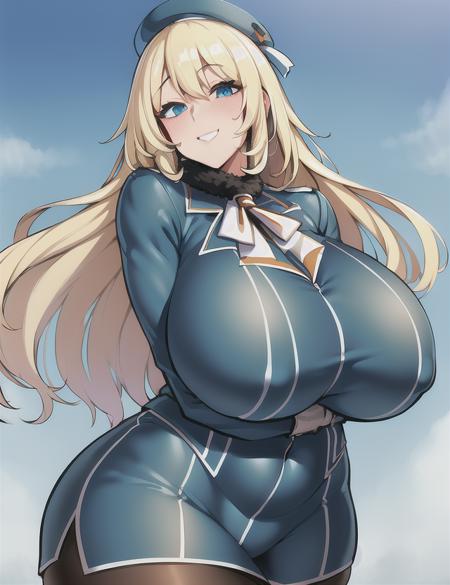 cowboy shot, illustration, masterpiece, focussing girl, best quality, (upper thigh, 1girl, solo:1.2), \<(atago_\(kancolle\):1.3), (long hair:1.2|sidelocks:1.2|culry sidelocks:1.2|blonde hair:1.2), culry hair, (hair between eyes:1.1|crossed bangs:1.1),  (curvy:1.6),  (blue eyes:1.1), {sagging breasts:1.2, breasts aparted:1.3|heavy breasts:1.3|huge breasts:1.4|pointy_breasts:1.2), (blonde hair:1.5), bangs, blue beret, pantyhose, showgirl skirt, military uniform, blue jacket, hair between eyes, (huge thighs:1.3, curvy:1.3), thick thighs:1.3, 1girl, arms up,  toned, (curvy, huge pelvis:1.3), bangs, steam,  ultra-detailed,shine, finely detail, painting, sketch,  wet skin,  (curvy, wide hips:1.3), (thick thighs:1.3), toned, large pelvis, steam,  wet, breasts bigger than head, steamy body, Toned, Sketch, younger face, blushing, , fur ascot, wet skin, soaked, thigh_gap, oily skin, glossy, Toned, shiny skin, light smile, Sketch, sharp eyelashes, (huge thighs:1.1), (curvy:1.5, blonde hair, short gloves, curvy:1.3, original, large pelvis, heavy breasts:1.2), huge pelvis:1.2>\, pan-pa-ka-paaan!,  <lora:atago:0.65>,