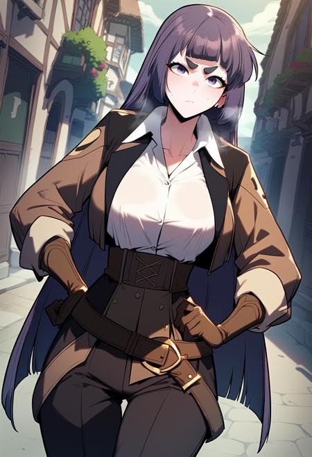 long hair, purple hair, purple eyes, blunt bangs, hime cut, thick eyebrows black dress, collarbone, long sleeves brown jacket, white shirt, collared shirt, belt, high-waist pants, black pants, glove