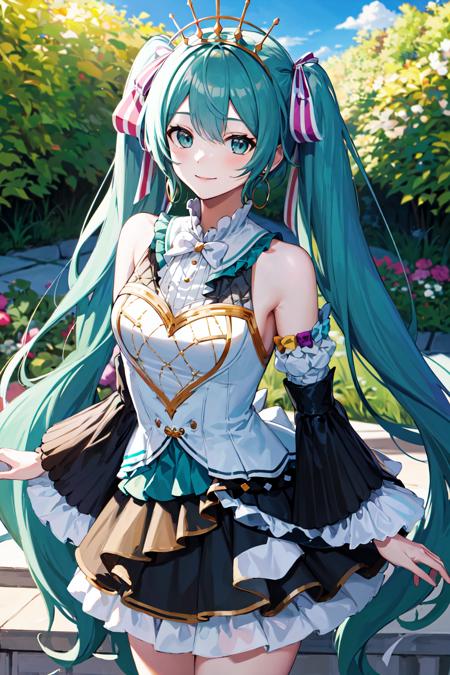 masterpiece, best quality, highres, gracemiku, <lora:hatsune_miku_(project_sekai)_v1:0.9>, garden, stage, smile, standing, cowboy shot,