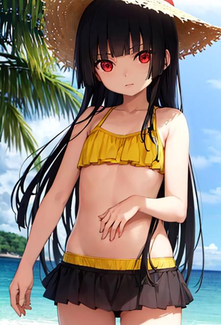 enma_ai,  1girl, solo,   <lora:em_ai_v1-000008:1>
(8k, RAW photo, best quality, masterpiece:1.2)
masterpiece, best quality, ultra-detailed, 1girl, yellow bikini, beach, ocean, hat, long hair,