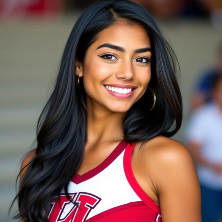 Beautiful high school cheerleader with a lovely smile. Raven black hair, shoulder length, swept behind the ear. Tanned skin. Brown eyes. SMiling