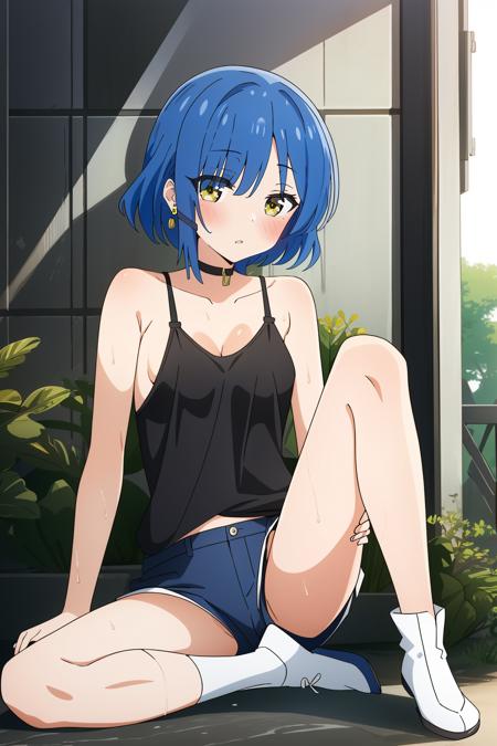 <lora:å±±ç°å1V-000009:0.5>,1girl,å±±ç°å,solo,blue hair,short hair,yellow eyes,bangs,hair ornament,hairclip,earrings,
small breasts,tank top,legs,full body,see-through,wet clothes,sweatdrop,red bra,short shorts,highleg panties,, Exquisite visuals, high-definition,masterpiece,best quality,