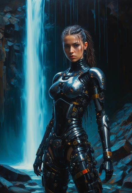 A female cyborg ninja adorned with numerous mechanical parts, training beneath a neon-lit waterfall. solo, horrifying, sfw, from front, full body, cyber punk,
deep shadows enhancing mysterious atmosphere, face focus, dim light, (oil painting:1.5), (by Wassily Kandinsky :0.7), (by Jackson Pollock:0.7) directional lighting, masterpiece, perfect composition, abstract glitch, long shot, masterpiece,best quality,very aesthetic, absurdres, from side,