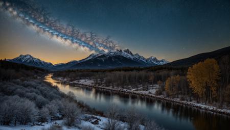 ((masterpiece:1.4,best quality)), cloud, outdoors, night, stars, moon
(mountains), spring glade, scenery, sky, winter, village, tree, river,
 high detail, abundant, 8k, high detail, wallpaper,
