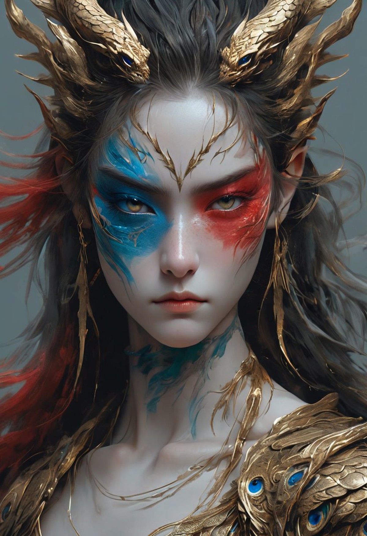 minimalism style, WLOP art style, a character worrior , facial muscles,  eye light, dragon behind, cinematic foootage,  fa...