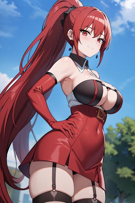 1girl, bangs, bare_shoulders, blue_sky, blush, breasts, cleavage, cloud, cloudy_sky, day, earrings, eyebrows_visible_through_hair, garter_straps, gloves, hand_on_hip, jewelry, large_breasts, long_hair, looking_at_viewer, open_mouth, outdoors, ponytail, red_eyes, red_gloves, red_hair, skirt, sky, solo, thighhighs
maya Ikusaba <lora:Maya IkusabaV3:0.7> ((best quality)), ((masterpiece)), (detailed), smile,
(interview:1.3), (dark background, fire:1.3)