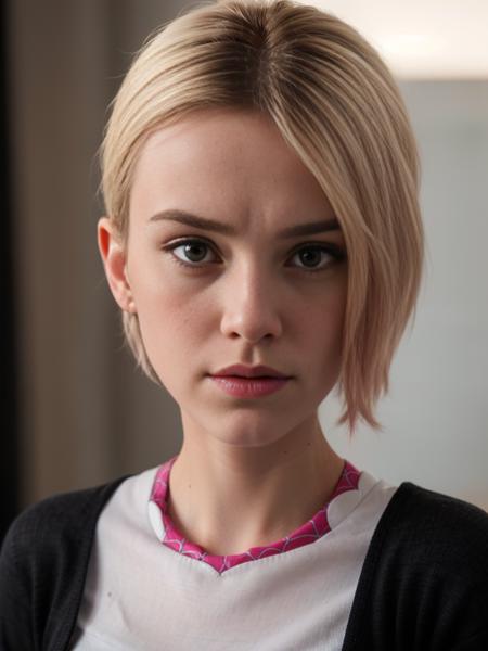 (best quality, masterpiece:1.4), ((photorealistic:1.6)), ((Gwen Stacy in real life:1.3)), sgwen, ((Spider-Gwen:1.2)), Spider-Woman, in real life, (perfect female figure), close up, perfect face, highly detailed eyes, ((very beautiful)), ((very sexy)), ((very young:1.3)), (kid), ((punk hoodie)), ((bangs:1.4)), ((asymmetrical hair:1.2)), ((shaved head on one side)), ((hair to one side:1.4)), blonde hair, (pink colored hair bottom tips), ((parted lips:1.4)), looking at viewer, beautiful lighting, light rays, ((bokeh)), frown, serious, <lora:gwenv1:.5>