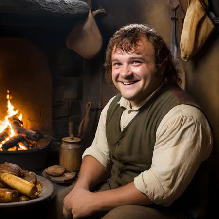 <lora:RPGHobbitXL:0.72> hobbit, smile, realistic, vest, fire, food, shirt, brown hair, grin, sitting