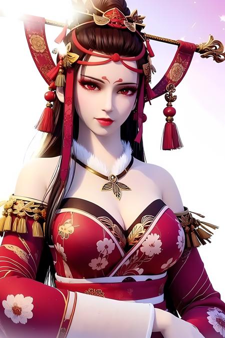 1girl,brown hair,red hanfu,hair ornament,off shoulder, 