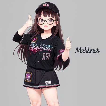 best quality, ultra-detailed, illustration,
1girl, solo, glasses, black hair, long hair, looking at viewer, happy, laughing, standing, thumbs up, 
BSW2023, baseball uniform, black shirt, skirt, gray background, simple background, baseball cap, 
 <lora:Chiba_Lotte_Marines_BSW2023_Uniform_SD15_V1:1>