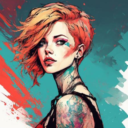 inkpunk style colorful illustration of a beautiful woman with (blond:red:0.8) short hair hair <lora:IPXL_v1:0.5>