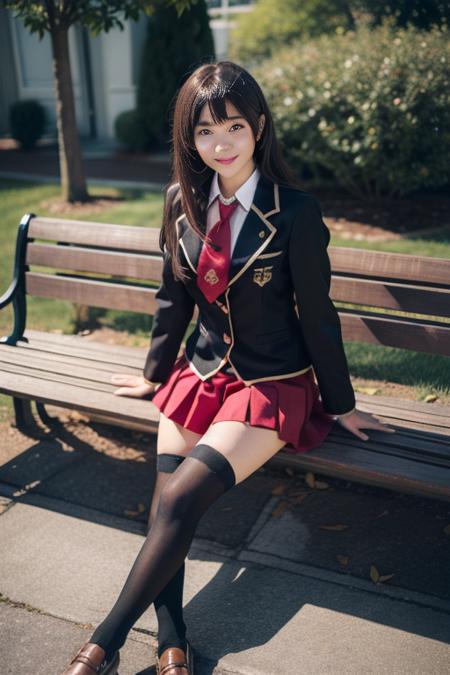 ultra-detailed,highly detailed,best quality,masterpiece,illustration,
fumizuki academy school uniform, solo, cosplay, 1girl, 
crossdressing, sitting,looking at viewer, light smile, 
necktie, skirt,  socks,  thighhighs, jacket, pleated skirt,  blazer,long sleeves, 
bangs,very long hair, hair over breasts, 
outdoors,bench, leaf,day, 
photo inset,  photo background, male focus,
<lora:fumizuki academy school uniform_v1_06:0.5>