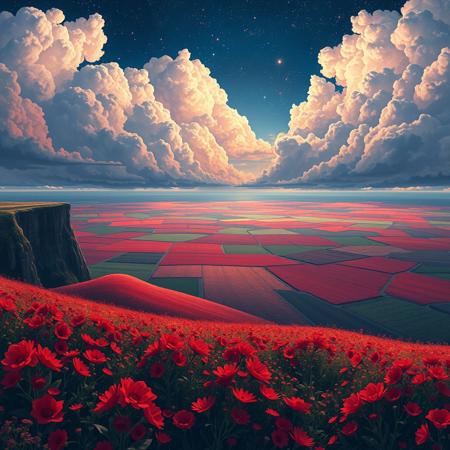 Vibrant fields, extremely detailed sky, from high cliff, starry sky, dark night, clear view, bright rerd flower fields, beautiful fields, very bright, anime landscape, (upper half:), busy clouds, red clouds, the storm is brewing, 8k wallpaper, romantic, perfect quality, absurdres, highly detailed, vibrant, beautiful oil matte painting