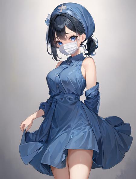 ((masterpiece, best quality, high quality)),1girl, (lower body, hospital), <lora:Surgical uniform:0.9> (surgical_uniform, mask, long sleeves, surgical mask,long dress, gloves,hat covering hair, hat,hair cover),  <lora:Kaede Sakata:0.7> (1girl, 3dcg 07, black hair, blue eyes, curtained hair, kaede sakata, low twintails, medium breasts, parted bangs, ponytail, short hair, solo, twintails),