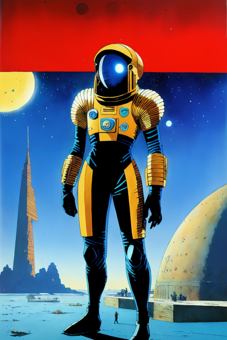 1 young  french woman ,     space suit, cold blone tone , futuristic Egypt 
 The Nikopol Trilogy
 (   color line art  by Enki Bilal)   
(masterpiece, best quality:1.3),
