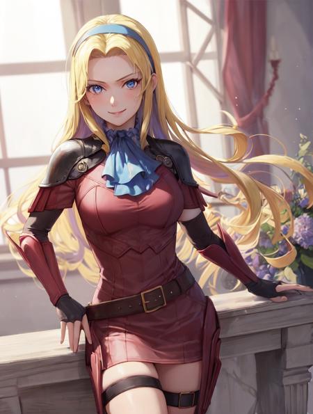 masterpiece, best quality, constance_timeskip, hairband, ascot, shoulder armor, red dress,  gauntlets, thigh strap, belt, smile, mansion <lora:constance-nvwls-v2-000015:0.9>