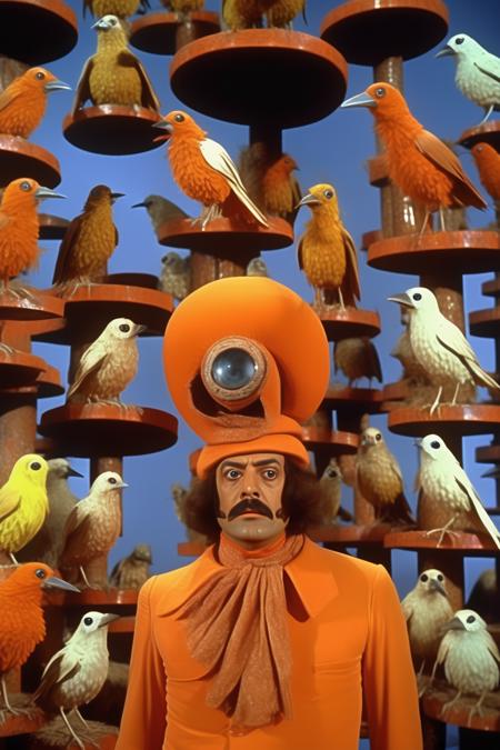 <lora:Director Agnes Varda style:1>Director Agnes Varda style - film still from the 1970s mexican action detective musical "the visionary bird house", directedbusby Berkeley and stanley Kubrick and  and  and bright psychedelic colors, setsLeonora carrington and dali and remedios varo, the weirdest movie ever made, full screen still