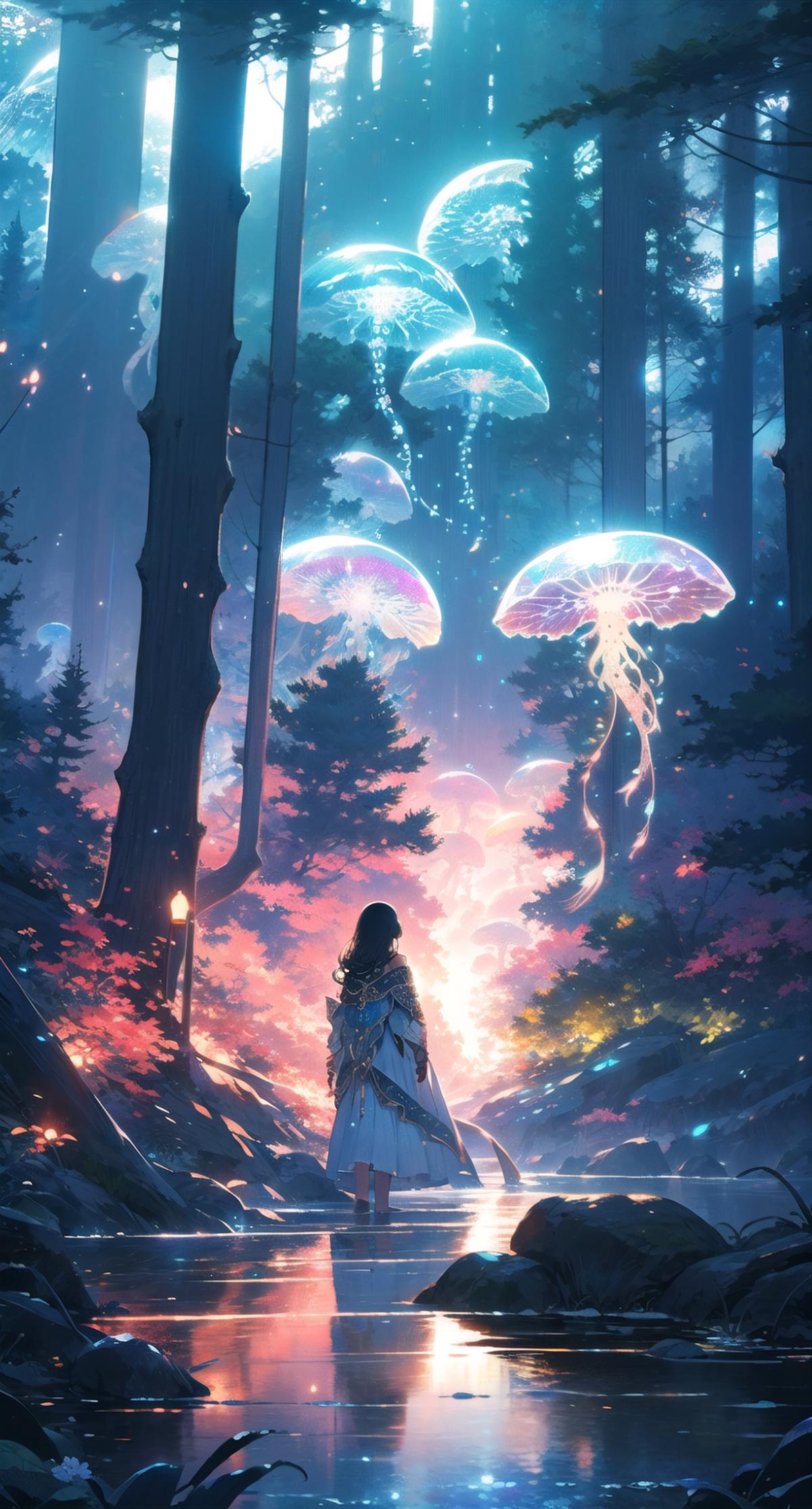 Fantasy artwork of a woman in a white dress standing among glowing jellyfish in a forest setting.