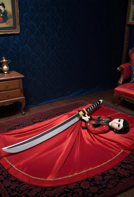 score_9, score_8_up, score_7_up, score_6_up, cartoon, ,CreepyCuteMagical , 
ceramic katana, laying on red silk dress, 
victorian bedroom background,
, dark theme,