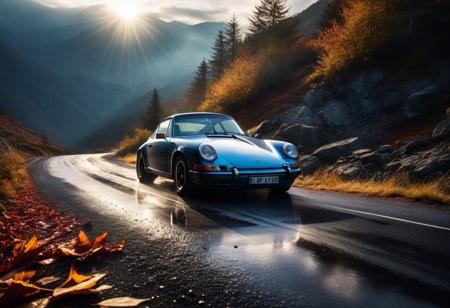 raw photo of a classic Porsche 911 on high mountain wet road, nebula, Need For Speed, Fast & Furious, sun rays, dramatic lighting, autumn leaves.