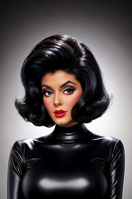 (big bouffant dark brunette 60's short bob hair:1.3), retro-girl, a woman wearing a sweater, thick eyebrows, puffy lips, red lipstick, blush, heavy makeup, smirk, (high detailed face:1.1), <lora:add_detail:1>, (huge jet black 60's hair:1.3) (pale skin:1.3), <retrobunny:1.45>, (huge jet black 60's hair, huge jet black 60's bouffant hairstyle, huge jet black 60s hair, huge jet black flip hairstyle, huge jet black hair flip, huge jet black very big 60s bouffant hairstyle:1.3), (high detailed skin:1.1), dynamic pose, eye contact, masterpiece, best quality, highly detailed, intricate details, detailed skin, detailed face, realistic, perfect anatomy, space background