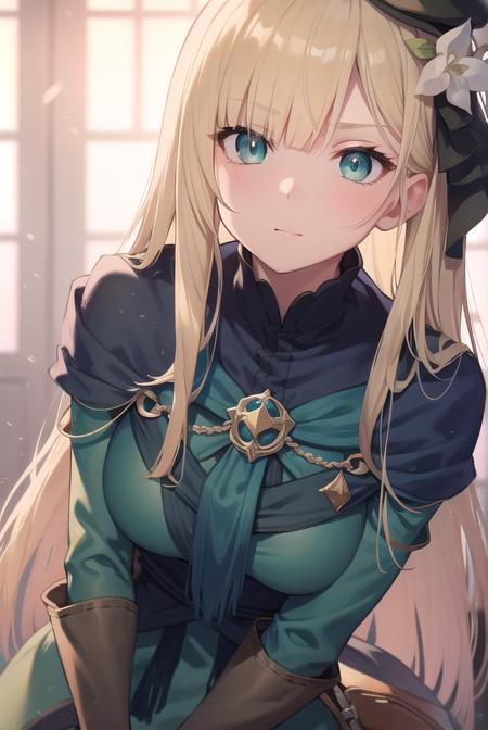 fgoreines, <lyco:reines-lyco-nochekaiser:1>,
reines, blonde hair, (green eyes:1.5), long hair, bangs, blunt bangs,
BREAK beret, black headwear, black ribbon, blue dress, brown gloves, dress, flower, fur collar, fur trim, fur-trimmed sleeves, gloves, hair flower, hair ornament, hair ribbon, hat, long sleeves, ribbon, rose, tilted headwear, white flower, white rose,
BREAK looking at viewer,
BREAK indoors,
BREAK <lyco:GoodHands-beta2:1>, (masterpiece:1.2), best quality, high resolution, unity 8k wallpaper, (illustration:0.8), (beautiful detailed eyes:1.6), extremely detailed face, perfect lighting, extremely detailed CG, (perfect hands, perfect anatomy),